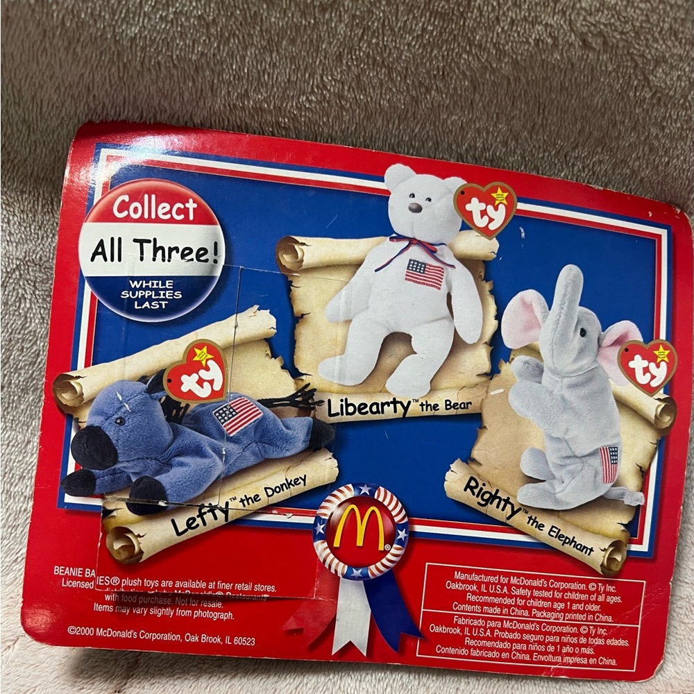 TY ORIGINAL Lefty The Donkey Beanie Baby  and Liberty the bear